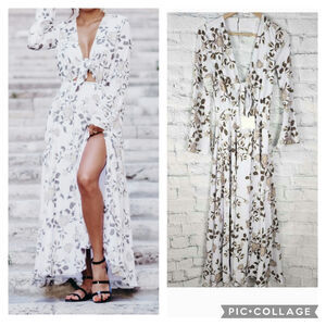Fame and partners floral maxi Dress Sz 2 cut out long bell sleeve front tie A16C